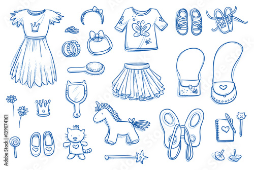 Set of personal belongings, objects of a young girl. Clothing, accessories, toys, stuff. Icons for a young modern hipster lifestyle, hand drawn flat lay vector illustration 