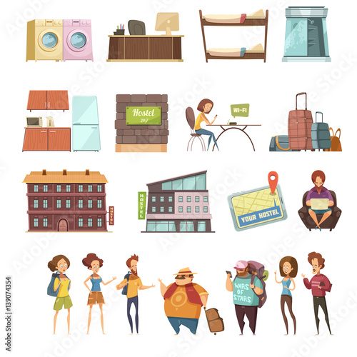 Hostel Isolated Retro Icons Set