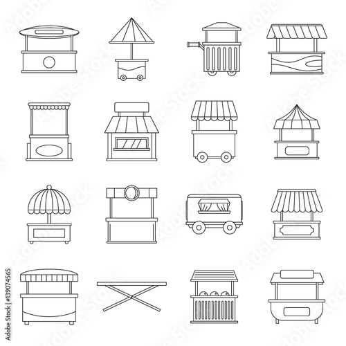 Street food truck icons set, outline style