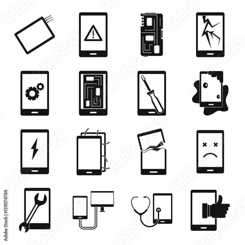 Device repair symbols icons set, simple style