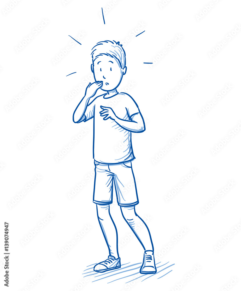Startled young boy in an awkward situation. Hand drawn cartoon doodle vector illustration.