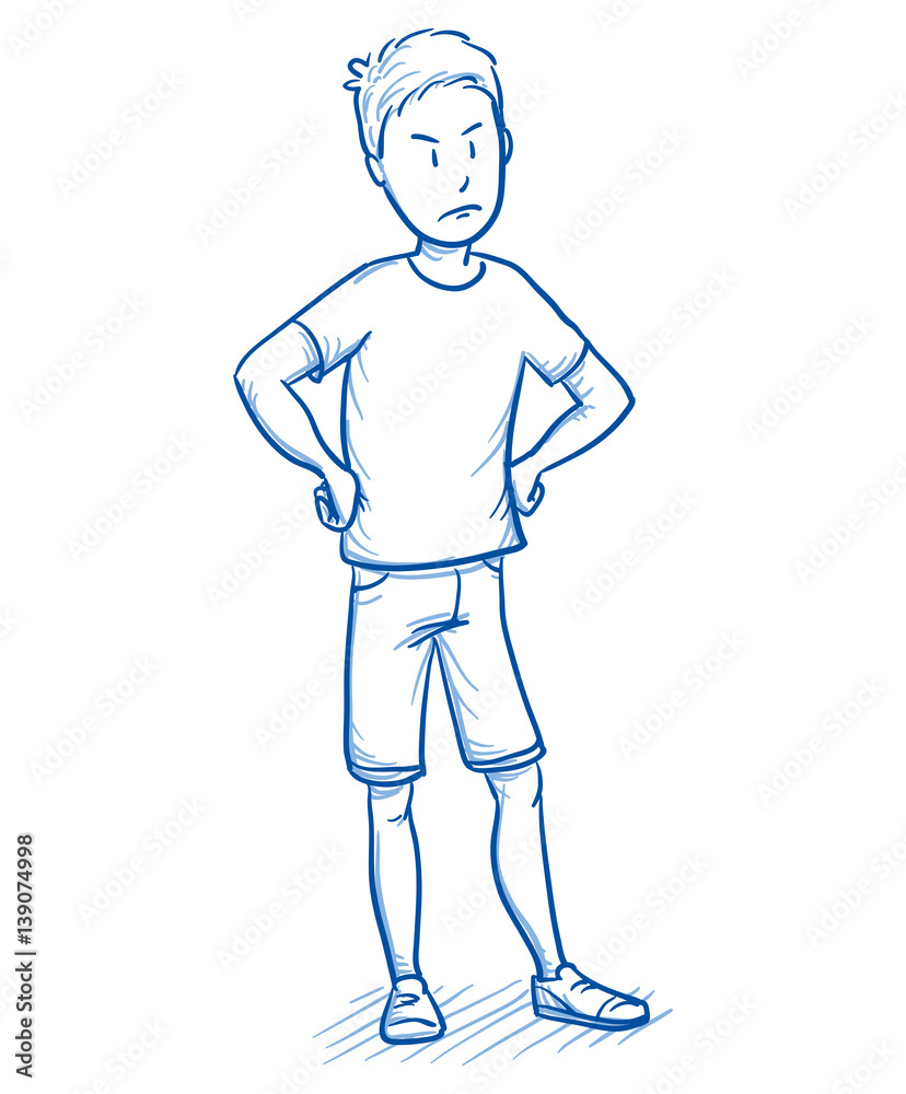 Young boy looking angry with his hands on his hips. Hand drawn cartoon doodle vector illustration.