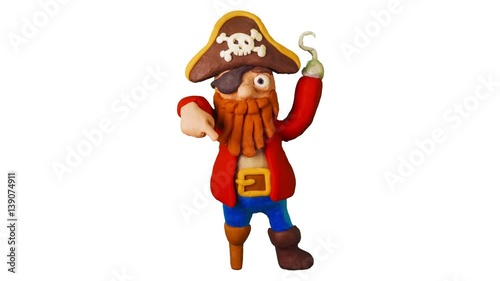 Funny Cartoon Pirate pointing and presenting or showing something. Clay animation. 4K