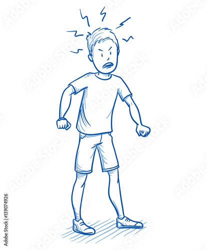 Young boy looking furious with his hands clenched fists. Hand drawn cartoon doodle vector illustration. 