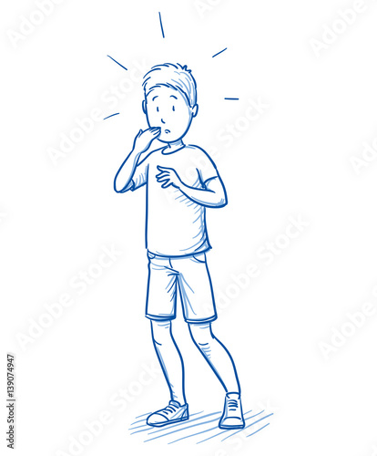 Startled young boy in an awkward situation. Hand drawn cartoon doodle vector illustration.