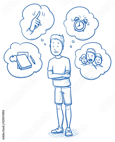 Sad young boy standing with arms wrapped around him, with thought bubbles of his worries. Hand drawn cartoon doodle vector illustration.