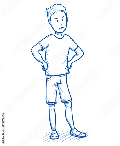Young boy looking angry with his hands on his hips. Hand drawn cartoon doodle vector illustration.