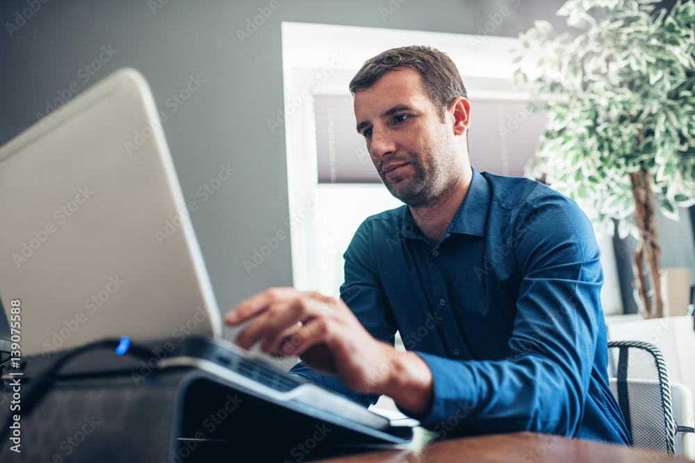 Fototapeta premium Entrepreneur using a laptop for business in an office