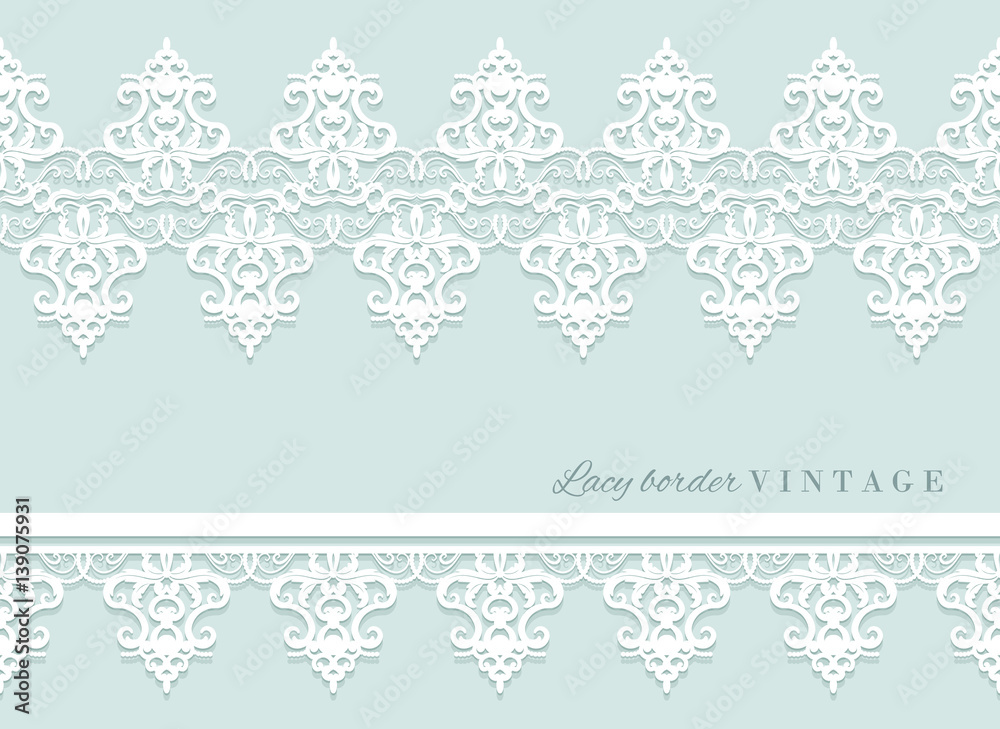 Lace decorative border set on pastel blue. Bridal shower and wedding design.