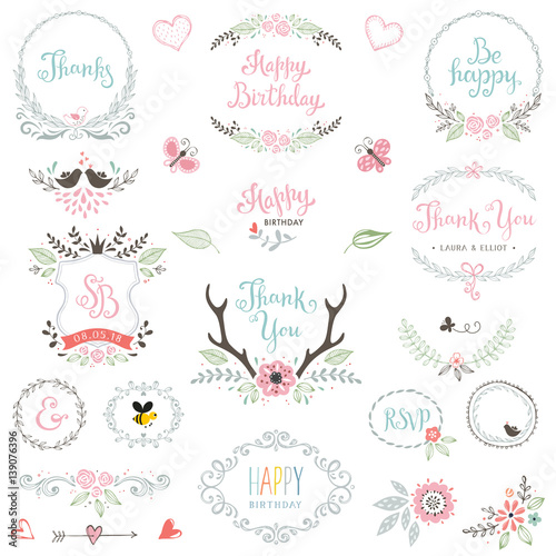 Hand drawn Birthday Party rustic collection with typographic design elements....