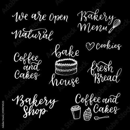 Vector set of vintage bakery hand lettering logos  badges. Typography design elements  modern calligraphy collection with cookie illustrations for prints  cards  posters  products packaging  branding.