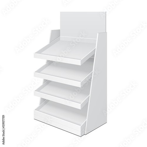Cardboard Ladder Floor Display Rack For Supermarket Blank Empty With Shelves Mock Up. Illustration Isolated On White Background. Ready For Your Design. Product Advertising. Vector