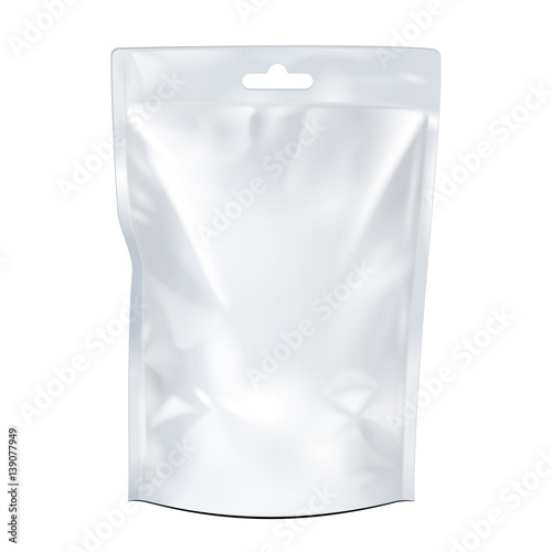 Blank Food Flexible Pouch Bag With Hang Slot. Mock Up, Template. Illustration Isolated On White Background. Ready For Your Design. Product Packaging. Vector EPS10