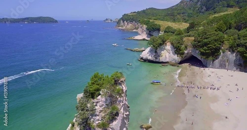 Aerial of Te Whanganui-A-Hei (Cathedral Cove) Marine Reserve in Coromandel Peninsula North Island, New Zealand.