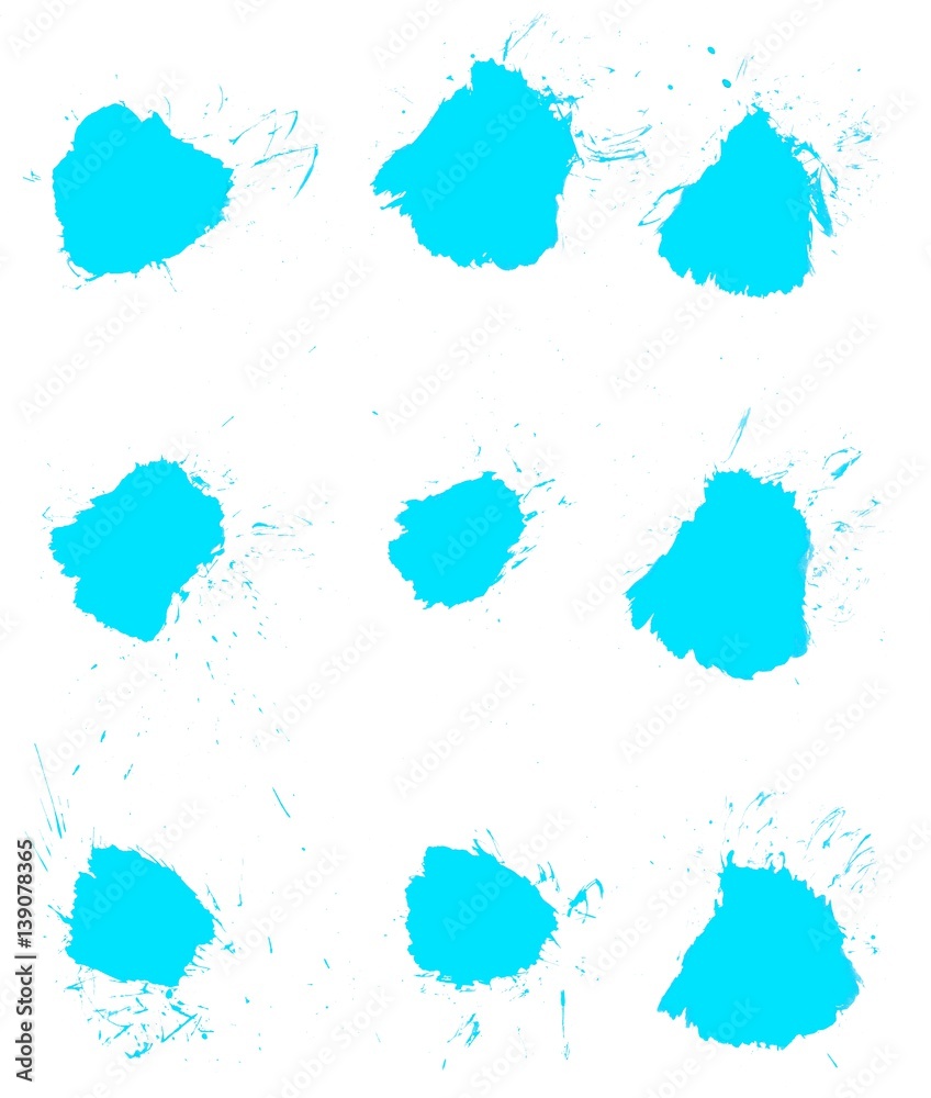 Hellblaue Farbkleckse mit Farbspritzern