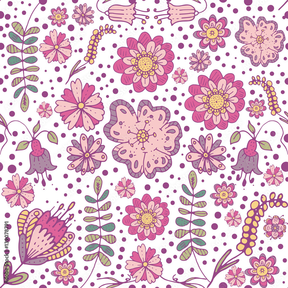 Seamless floral pattern with cute colorful leaves, plants and flowers on a white background.