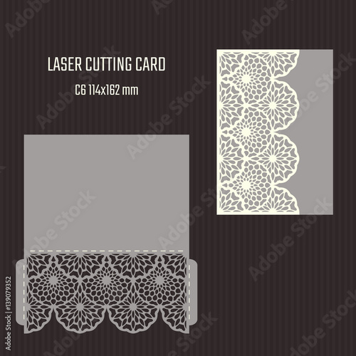 DIY laser cutting vector envelope. Wedding die cut invitation template. Cutout silhouette card. Scrapbook carved paperwork.