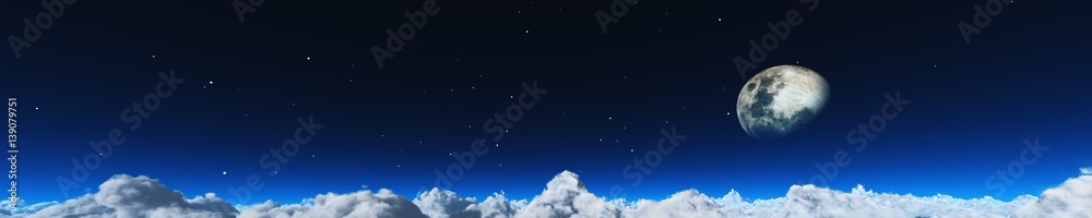 Above the clouds, view of clouds with moon, 3d rendering
