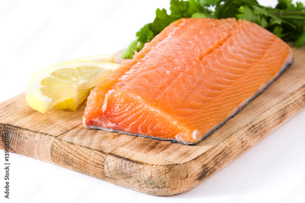 Raw salmon fillet isolated on white background
