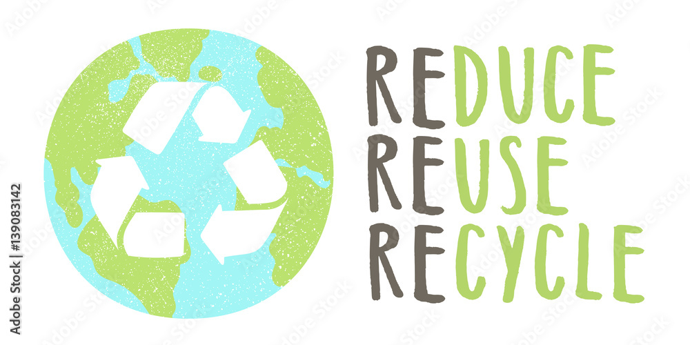 Reduce reuse recycle lettering and Earth sign. Vector hand drawn illustration