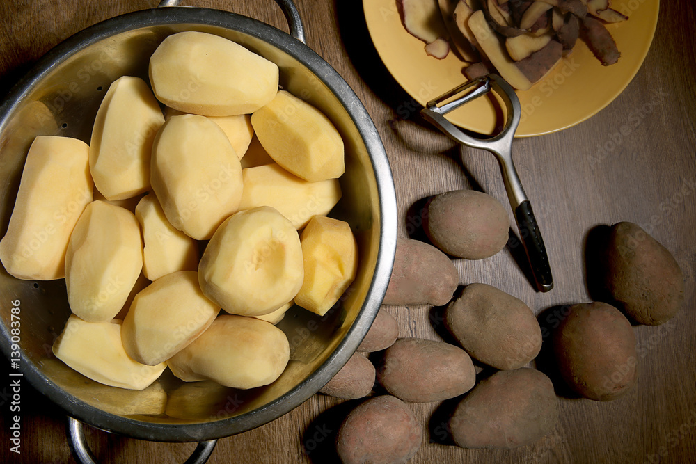Peeled potatoes. Uncooked peeled potatoes with peels and peeler. Peeled potatoes. Uncooked peeled potatoes with peels and peeler.