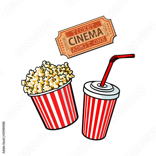 Cinema objects - popcorn bucket, soda water and retro style ticket, sketch vector illustration isolated on white background. Typical movie attributes - popcorn, soda water, cinema ticket