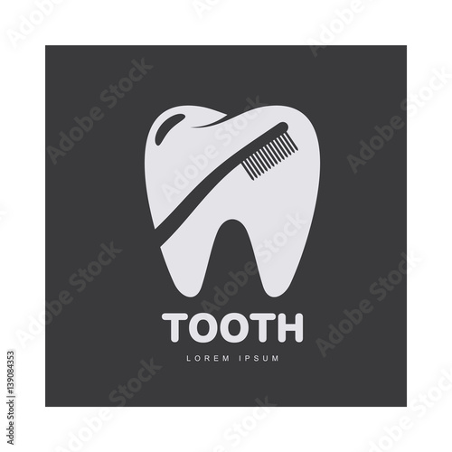 Graphic, black and white tooth, dental care logo template with toothbrush silhouette over tooth shape, vector illustration isolated on black background. Tooth, dental care logotype, logo design