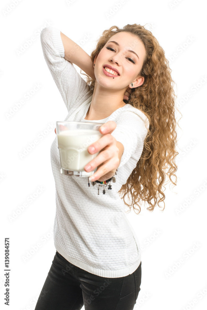 Attractive young girl with glass of milk on white background Attractive young girl with glass of milk on white background