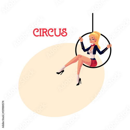 Young and beautiful blonde gymnast sitting on aerial hoop, cartoon vector illustration with place for text. Beautiful circus artist, acrobat, gymnast sitting on aerial hoop