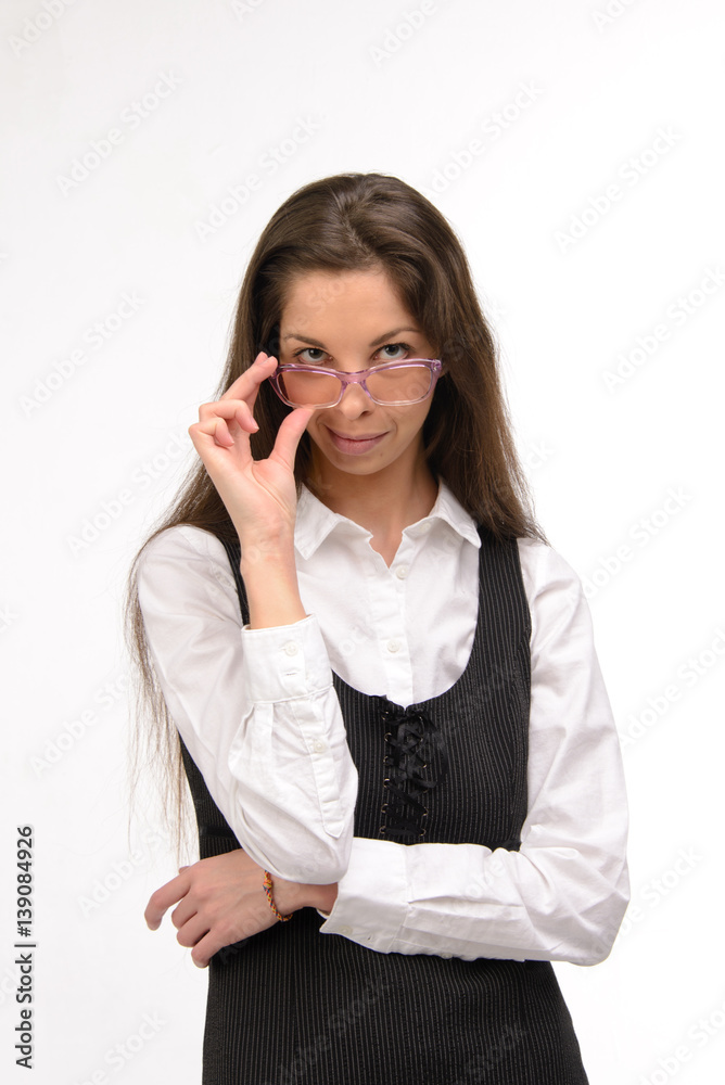 Attractive young business woman with eye glasses, on white Attractive young business woman with eye glasses, on white
