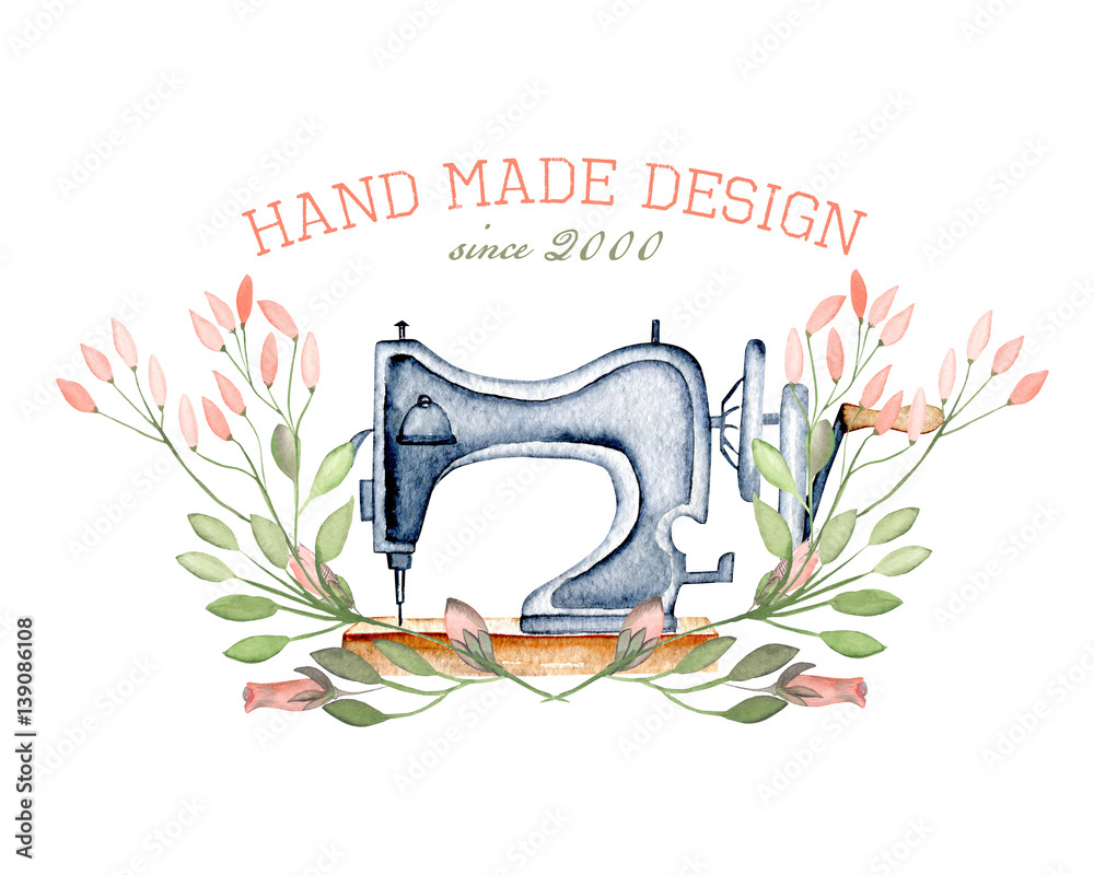 Mockup of logo with watercolor retro sewing machine and floral elements, hand drawn isolated on a white background - obrazy, fototapety, plakaty 