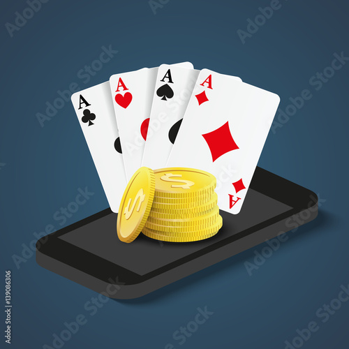 Online casino illustration. Vector poker elements on the mobile phone
