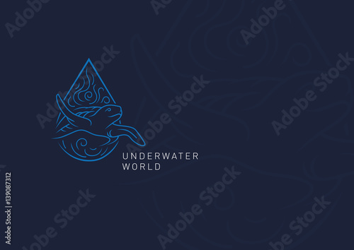 Contour illustration of the underwater world, turtle swimming