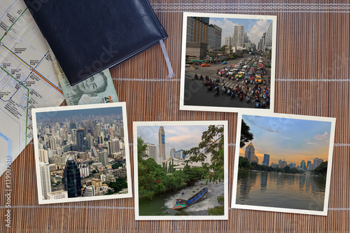 Part of series. Beautiful asian city snapshots arranged on rustic wooden background with mapand note book with copy space, top view. Travelling concept