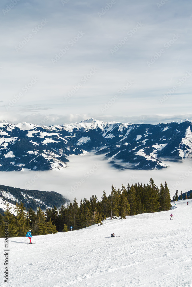 Fototapeta premium Sunny view of ski slope near Zell am Zee, Austria.