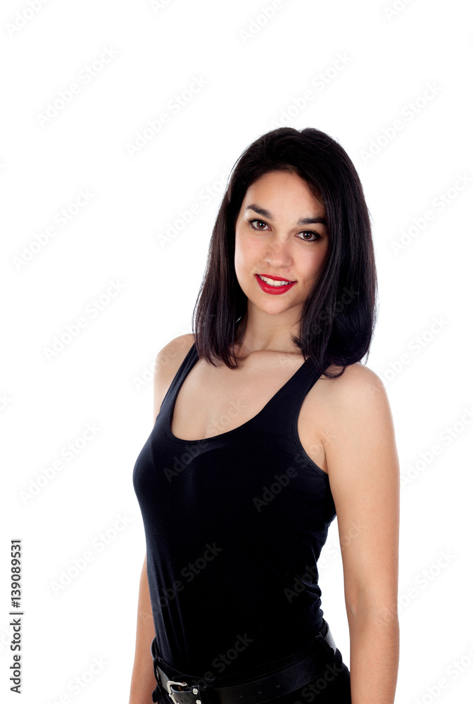 Young smiling woman with adjusted black clothes Young smiling woman with adjusted black clothes