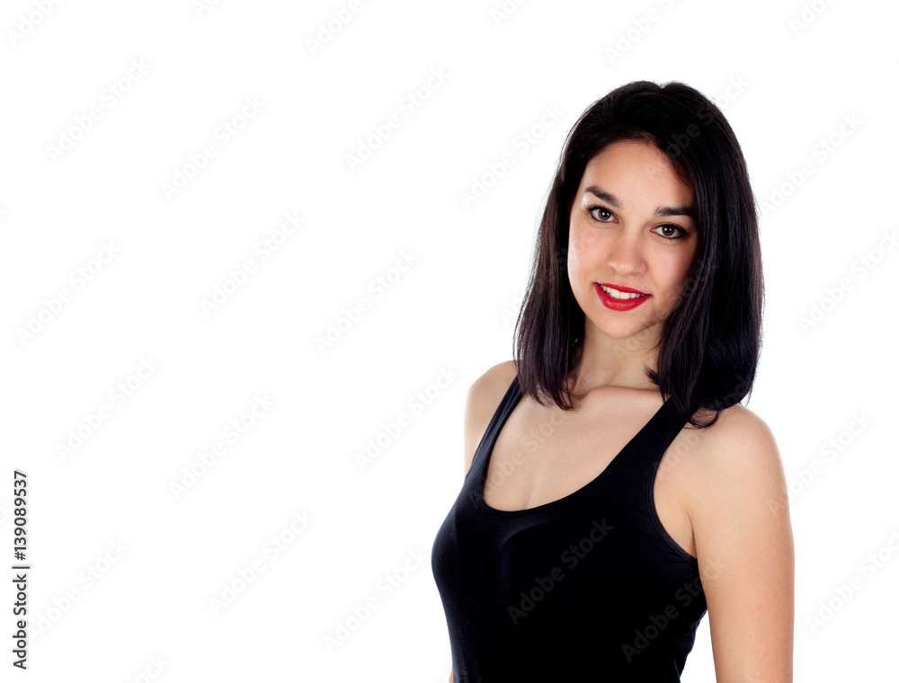 Young smiling woman with adjusted black clothes Young smiling woman with adjusted black clothes