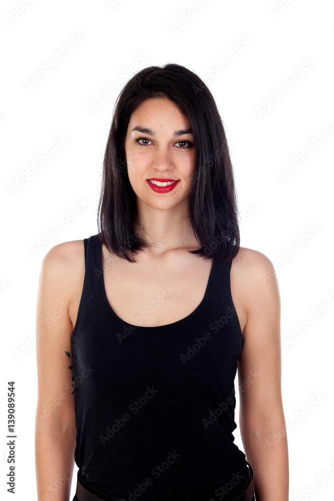 Young smiling woman with adjusted black clothes Young smiling woman with adjusted black clothes