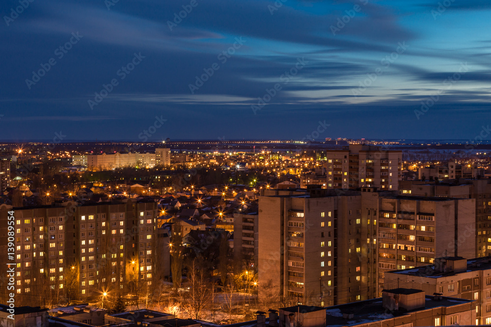 Night panoramic aerial winter cityscape view of living area in Voronezh city