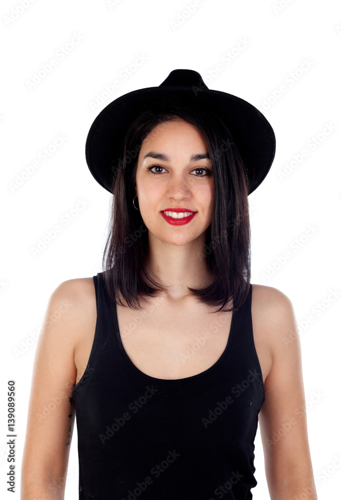 Young smiling woman with adjusted black clothes Young smiling woman with adjusted black clothes
