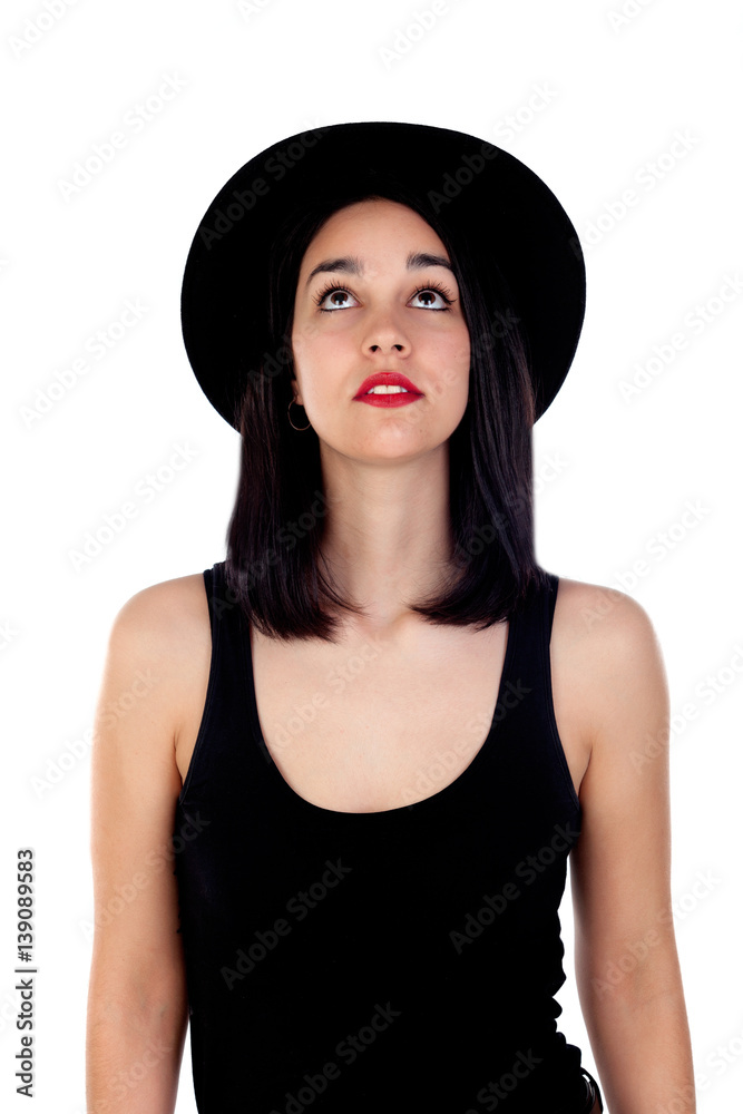 Young woman with black hat and clothes Young woman with black hat and clothes