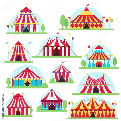 Circus tent marquee with stripes and flags isolated. Ideal for carnival signs