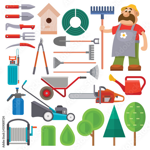 Garden equipment flat set vector and gardener character with beard and rake illustration