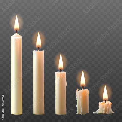 Vector set of realistic white burning candles isolated on a transparent background.