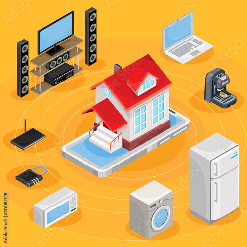 Vector isometric abstract illustration smart home, controlling through internet home work equipment.