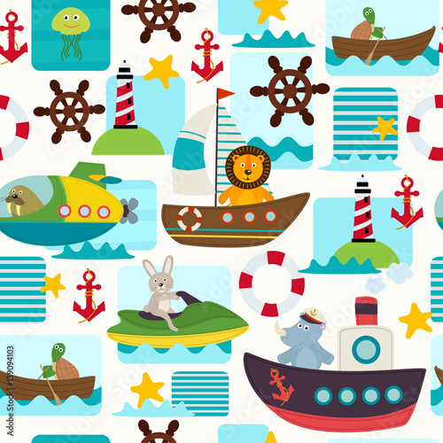 seamless pattern sea transports with animals  - vector illustration, eps