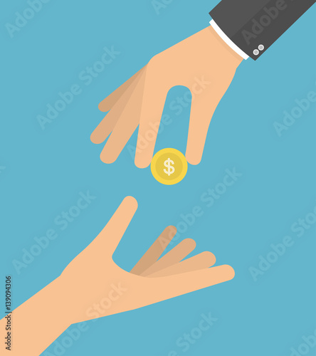 Hand giving coin to another hand. Giving money to the poor or helping the poor concept.  Vector illustration in flat style