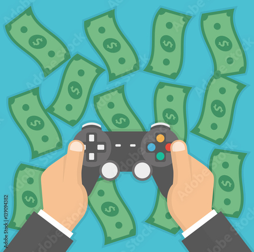 Hand holding game controller with falling money bills in the background. Playing games for money concept. Vector illustration in flat style