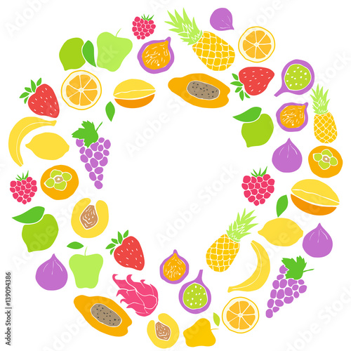 Vector frame of hand drawn fruit and berries icons. Doodle set of different colored cut fruits and berries. Healthy food. Exotic fruits. Collection of fruits and berries in frame