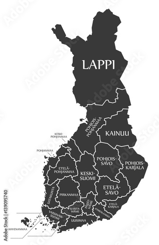 Finland Map labelled black illustration in Finnish language